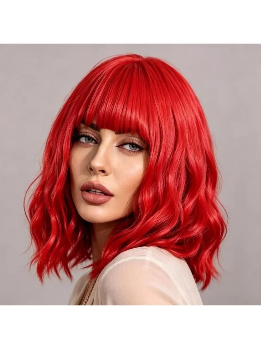 Women's Red 14 Inch Heat Resistant Short Bangs Bob Modern Wavy Wigs